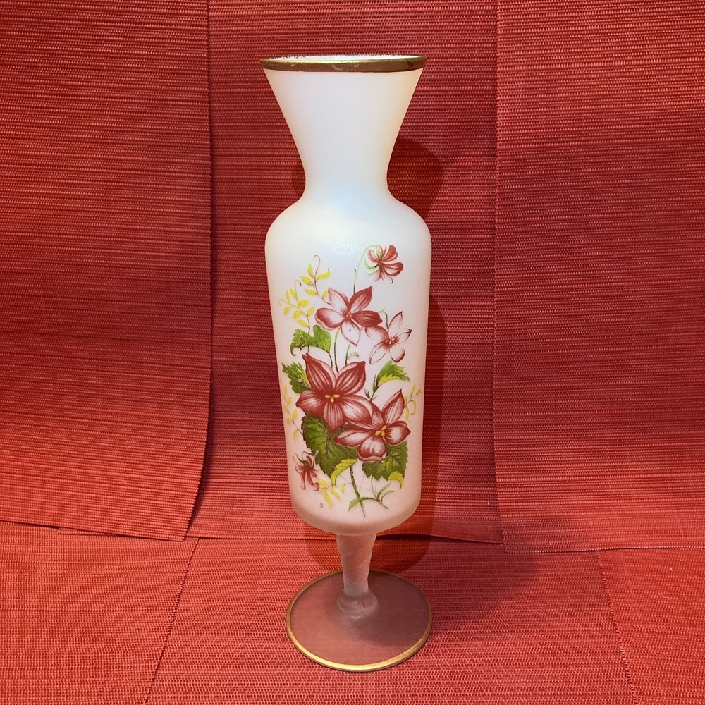 Empoli Accents White Frosted Glass Vase/ Twisted Stem Footed /Pink Flowers‎ Gold